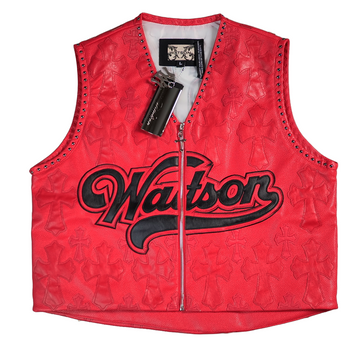WATSON CROSS LEATHER APPLIQUE RED MOTO VEST