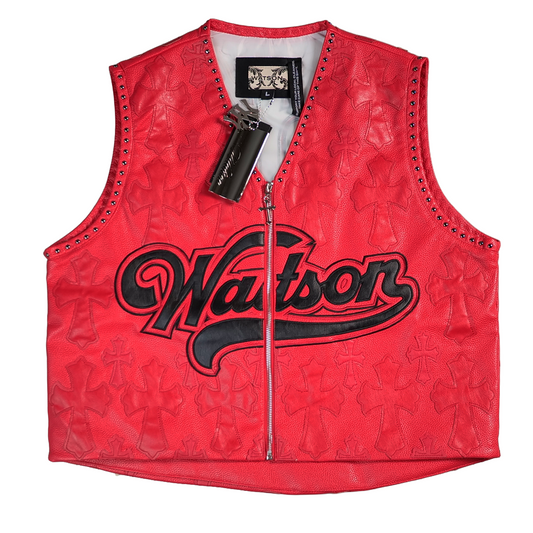 WATSON CROSS LEATHER APPLIQUE RED MOTO VEST