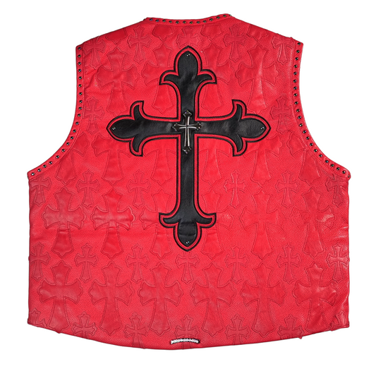 WATSON CROSS LEATHER APPLIQUE RED MOTO VEST