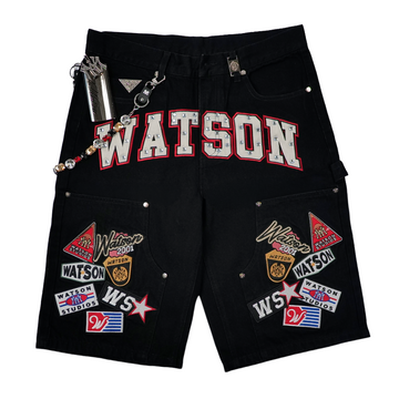WATSON MULTI PATCH BLACK DENIM SHORTS