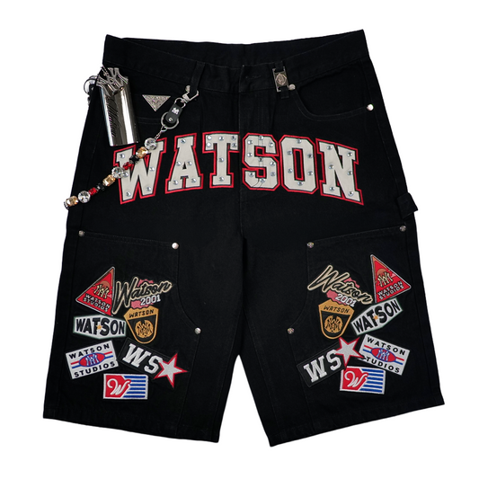 WATSON MULTI PATCH BLACK DENIM SHORTS