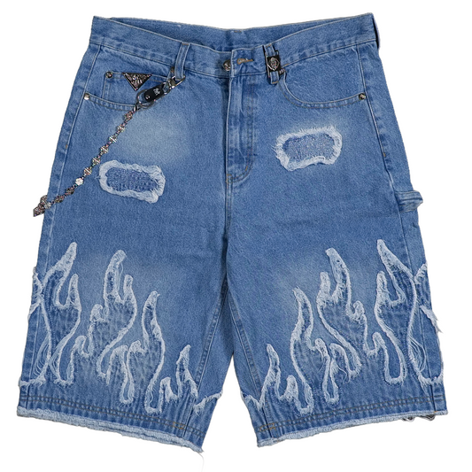 WATSON FLAME APPLIQUE LIGHT WASH DENIM SHORTS
