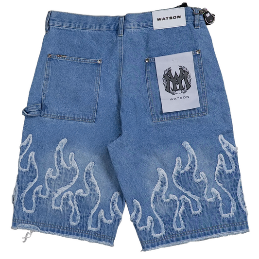 WATSON FLAME APPLIQUE LIGHT WASH DENIM SHORTS
