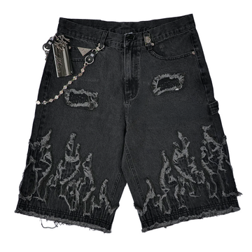WATSON FLAME APPLIQUE GRAY WASH DENIM SHORTS