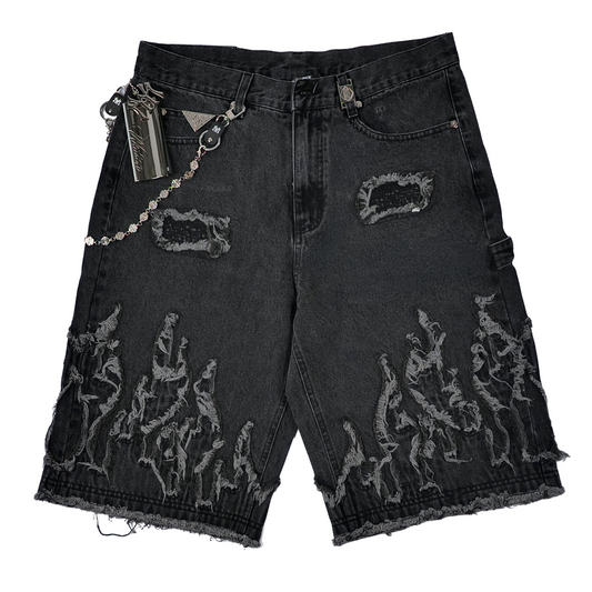WATSON FLAME APPLIQUE GRAY WASH DENIM SHORTS