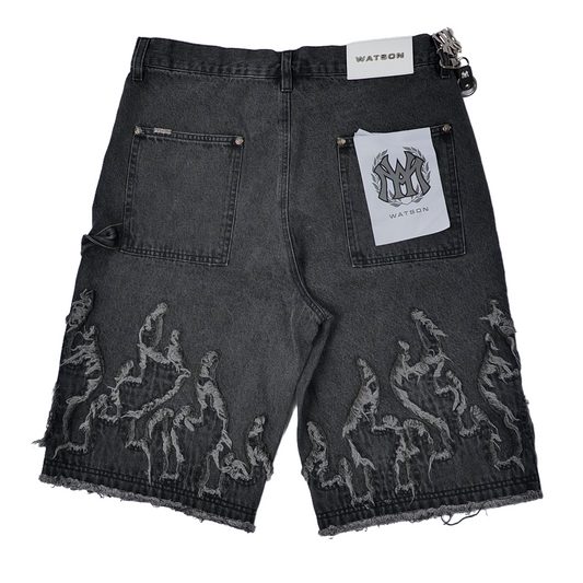 WATSON FLAME APPLIQUE GRAY WASH DENIM SHORTS