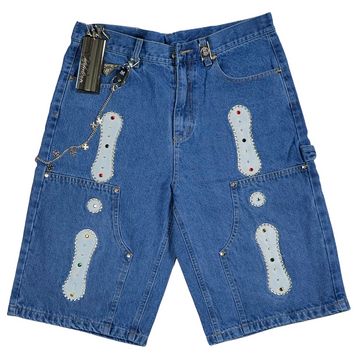 WATSON TWILL PATCH WITH EMBELLISHMENT LIGHT WASH DENIM SHORTS