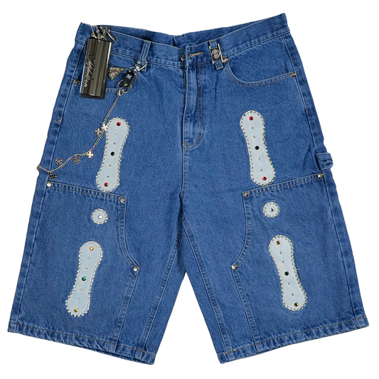 WATSON TWILL PATCH WITH EMBELLISHMENT LIGHT WASH DENIM SHORTS