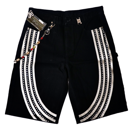 WATSON BENT STRIPES WITH RHINESTONES BLACK DENIM SHORTS