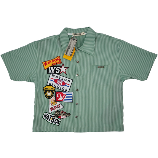 WATSON MULTI APPLIQUE PATCHWORK GREEN PINSTRIPE BUTTON DOWN SHIRT