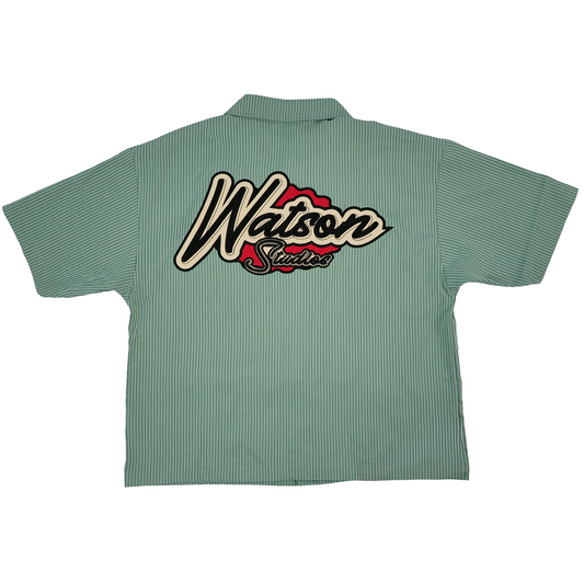WATSON MULTI APPLIQUE PATCHWORK GREEN PINSTRIPE BUTTON DOWN SHIRT