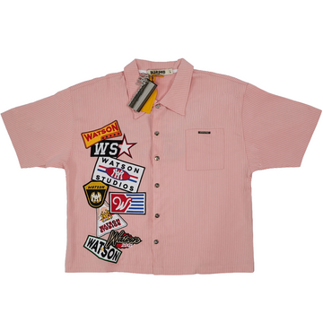 WATSON MULTI APPLIQUE PATCHWORK LIGHT PINK PINSTRIPE BUTTON DOWN SHIRT