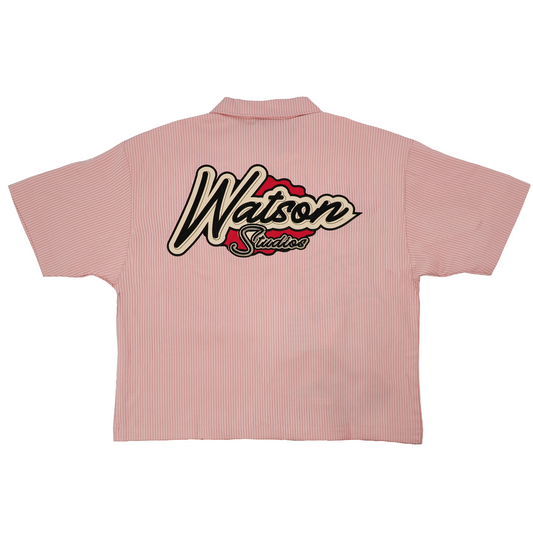 WATSON MULTI APPLIQUE PATCHWORK LIGHT PINK PINSTRIPE BUTTON DOWN SHIRT