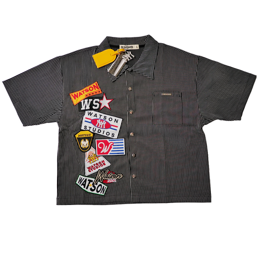 WATSON MULTI APPLIQUE PATCHWORK BLACK AND WHITE PINSTRIPE BUTTON DOWN SHIRT