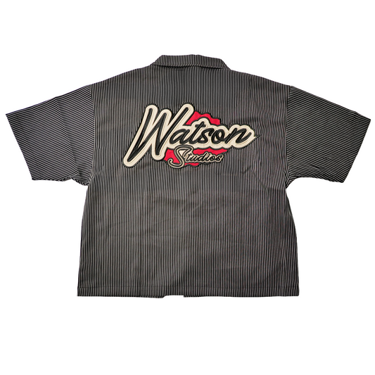 WATSON MULTI APPLIQUE PATCHWORK BLACK AND WHITE PINSTRIPE BUTTON DOWN SHIRT