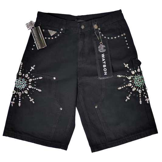 WATSON MANDALA STONES BLACK DENIM SHORTS