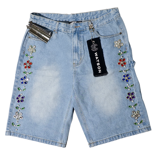 WATSON FLOWER STONES LIGHT BLUE DENIM SHORTS