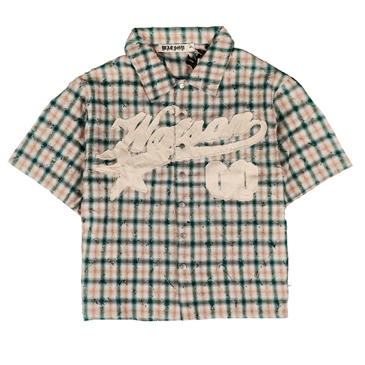 WATSON STUDIOS DISTRESSED GREEN SHORT SLEEVE FLANNEL SHIRT