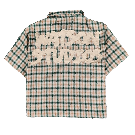 WATSON STUDIOS DISTRESSED GREEN SHORT SLEEVE FLANNEL SHIRT