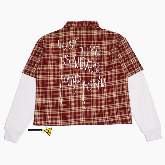 WATSON LOST TIME IS NEVER FOUND AGAIN LAYERED BURGANDY FLANNEL SHIRT