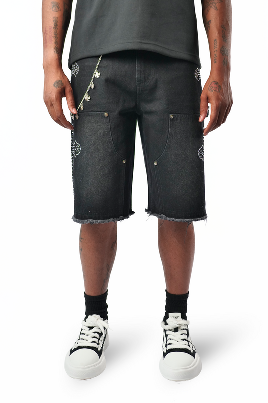 WATSON CROSS EMBELLISHED BLACK DENIM SHORTS