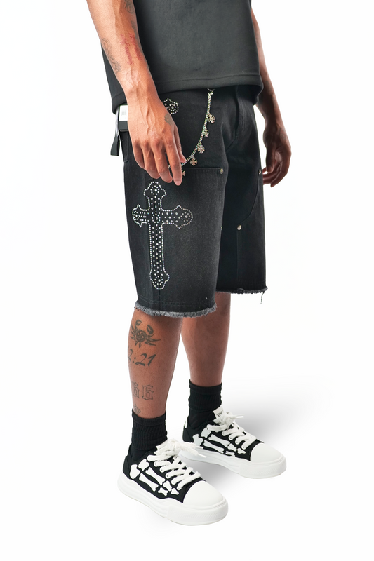 WATSON CROSS EMBELLISHED BLACK DENIM SHORTS