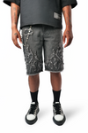 WATSON FLAME APPLIQUE GRAY WASH DENIM SHORTS