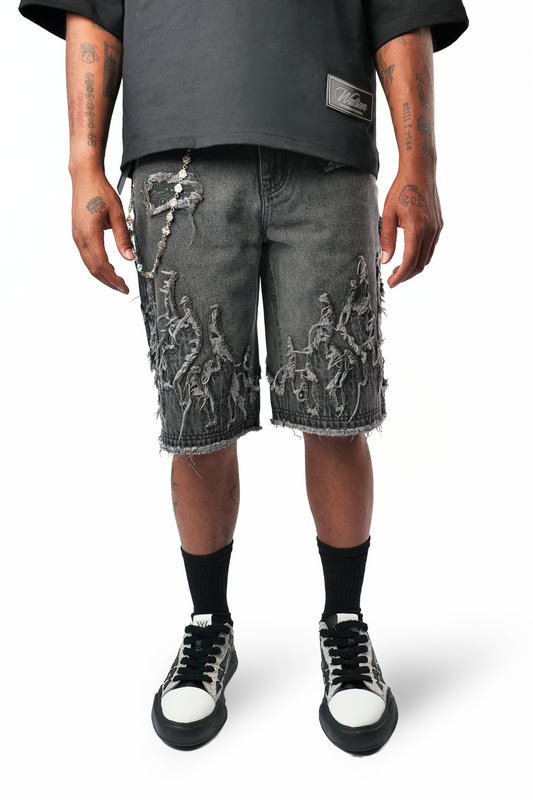 WATSON FLAME APPLIQUE GRAY WASH DENIM SHORTS