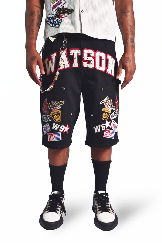 WATSON MULTI PATCH BLACK DENIM SHORTS