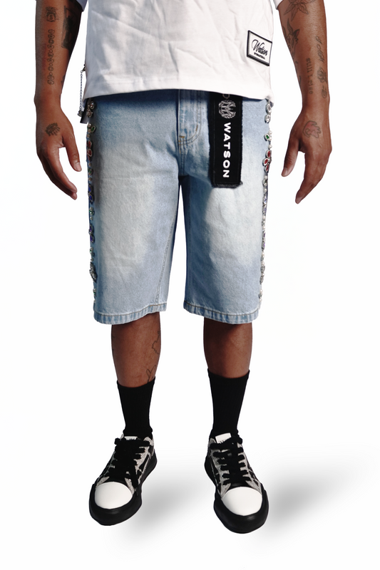 WATSON FLOWER STONES LIGHT BLUE DENIM SHORTS
