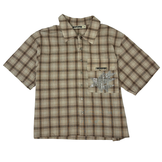 Cream Star Crystal Embroidered Flower Short Sleeve Flannel Shirt (Brown), brown and beige plaid short-sleeve flannel