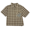 Cream Star Crystal Embroidered Flower Short Sleeve Flannel Shirt (Brown), brown and beige plaid short-sleeve flannel