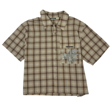 Cream Star Crystal Embroidered Flower Short Sleeve Flannel Shirt (Brown), brown and beige plaid short-sleeve flannel