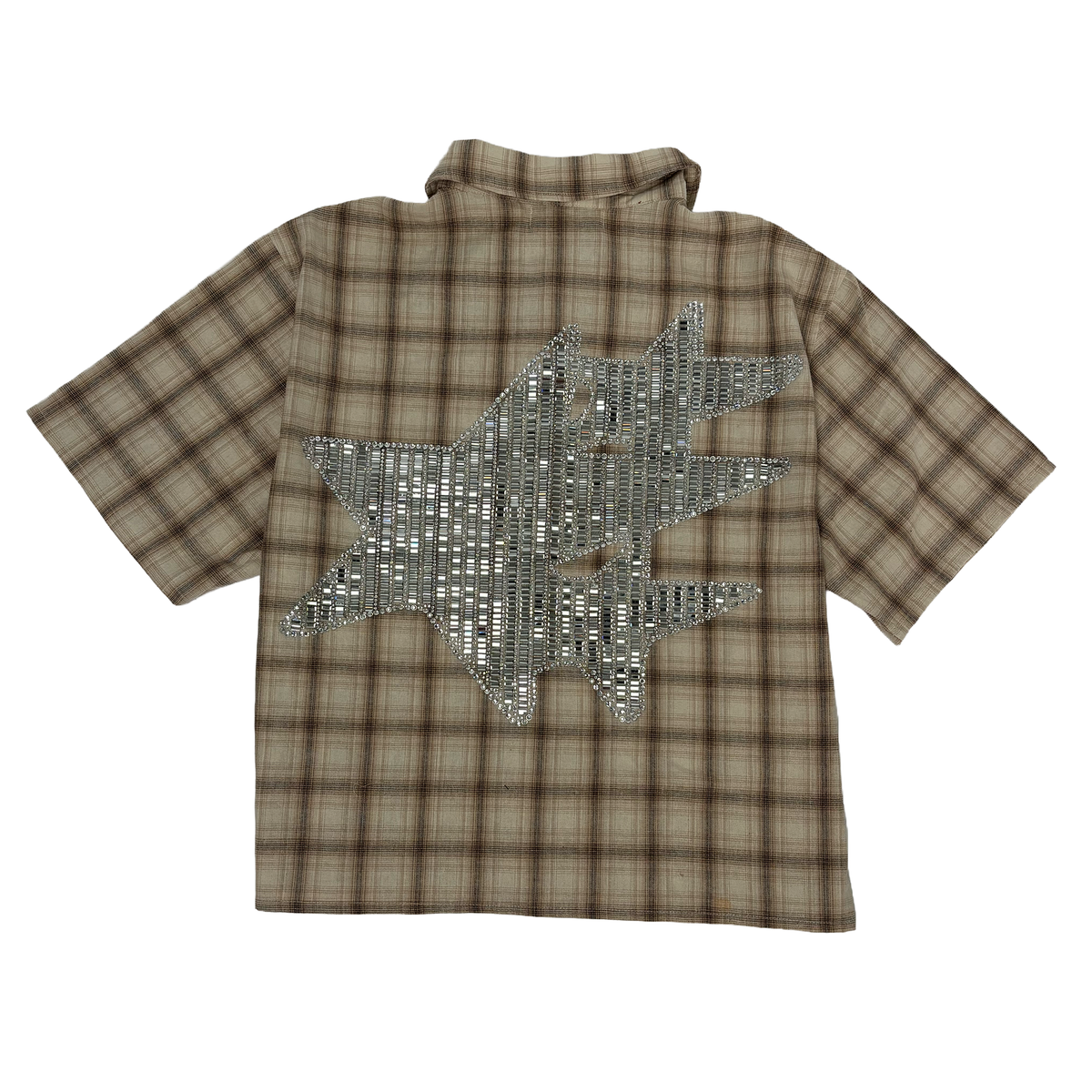 Cream Star Crystal Embroidered Flower Short Sleeve Flannel Shirt (Brown), brown and beige plaid short-sleeve flannel – alternate view 2