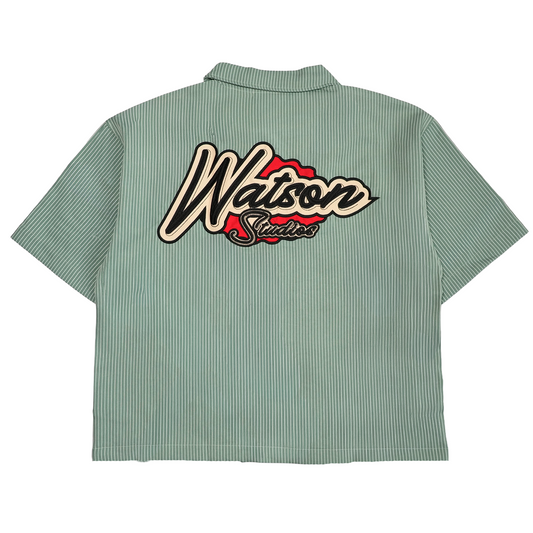 WATSON MULTI APPLIQUE PATCHWORK GREEN PINSTRIPE BUTTON DOWN SHIRT