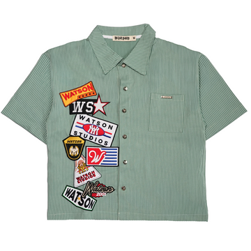 WATSON MULTI APPLIQUE PATCHWORK GREEN PINSTRIPE BUTTON DOWN SHIRT