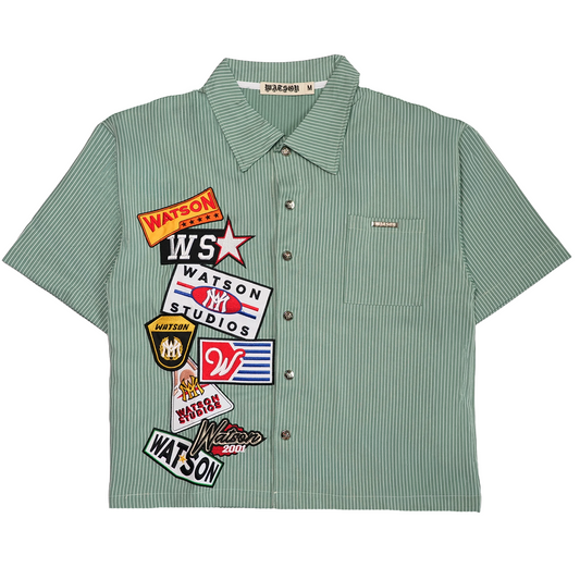 WATSON MULTI APPLIQUE PATCHWORK GREEN PINSTRIPE BUTTON DOWN SHIRT