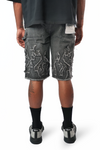 WATSON FLAME APPLIQUE GRAY WASH DENIM SHORTS