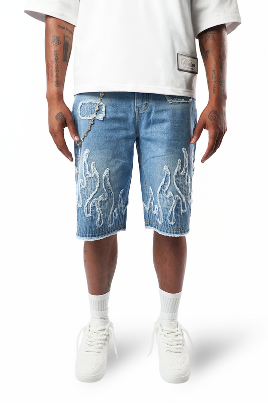 WATSON FLAME APPLIQUE LIGHT WASH DENIM SHORTS