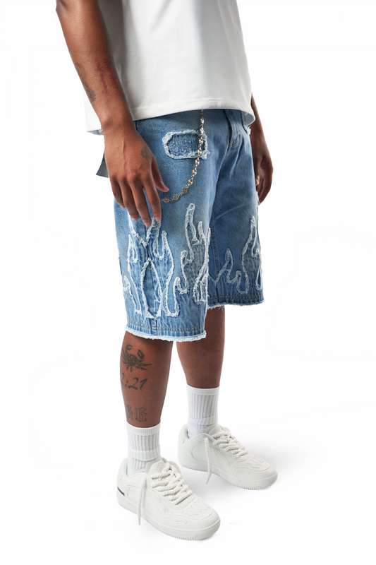 WATSON FLAME APPLIQUE LIGHT WASH DENIM SHORTS