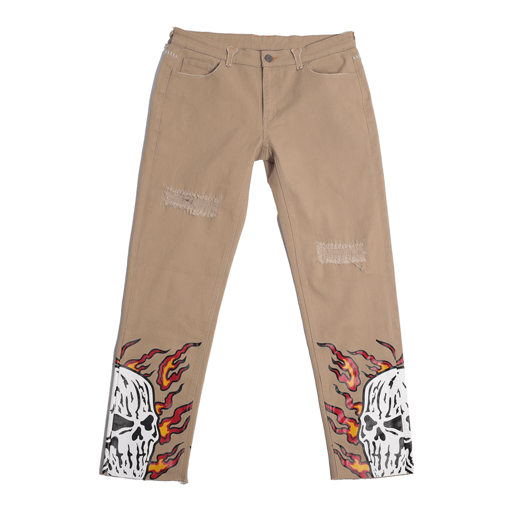 FLAMING SKULL KHAKI JEANS - Allstarelite.com