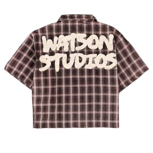 WATSON STUDIOS DISTRESSED BLACK SHORT SLEEVE FLANNEL SHIRT