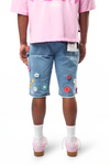 WATSON CROCHET FLOWER LIGHT WASH DENIM SHORTS