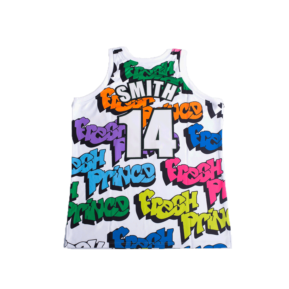 FRESH PRINCE ALL OVER BASKETBALL JERSEY WHITE - Allstarelite.com