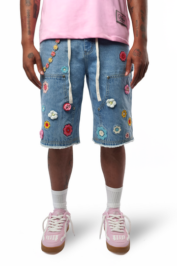 WATSON CROCHET FLOWER LIGHT WASH DENIM SHORTS