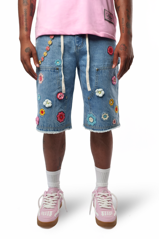 WATSON CROCHET FLOWER LIGHT WASH DENIM SHORTS