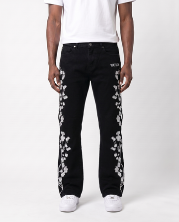 WHITE CHERRY BLOSSOM DENIM PANTS (BLACK)