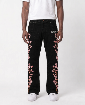 RED CHERRY BLOSSOM DENIM PANTS (BLACK)
