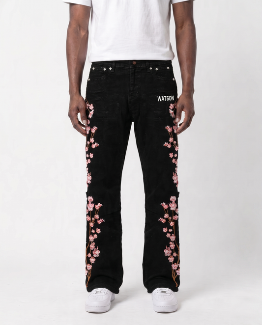 RED CHERRY BLOSSOM DENIM PANTS (BLACK)