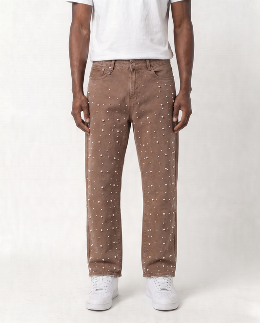 WATSON DENIM PANTS WITH WHITE PEARLS (BROWN)